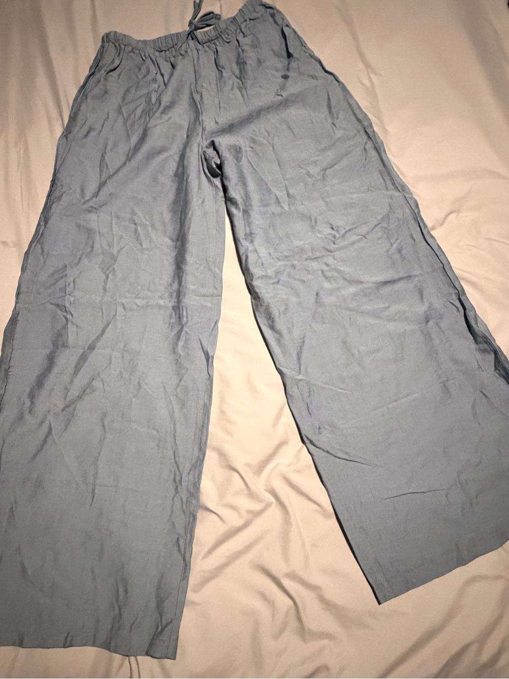 SHEIN Dusty Blue Wide-Leg Linen-Blend Pants
